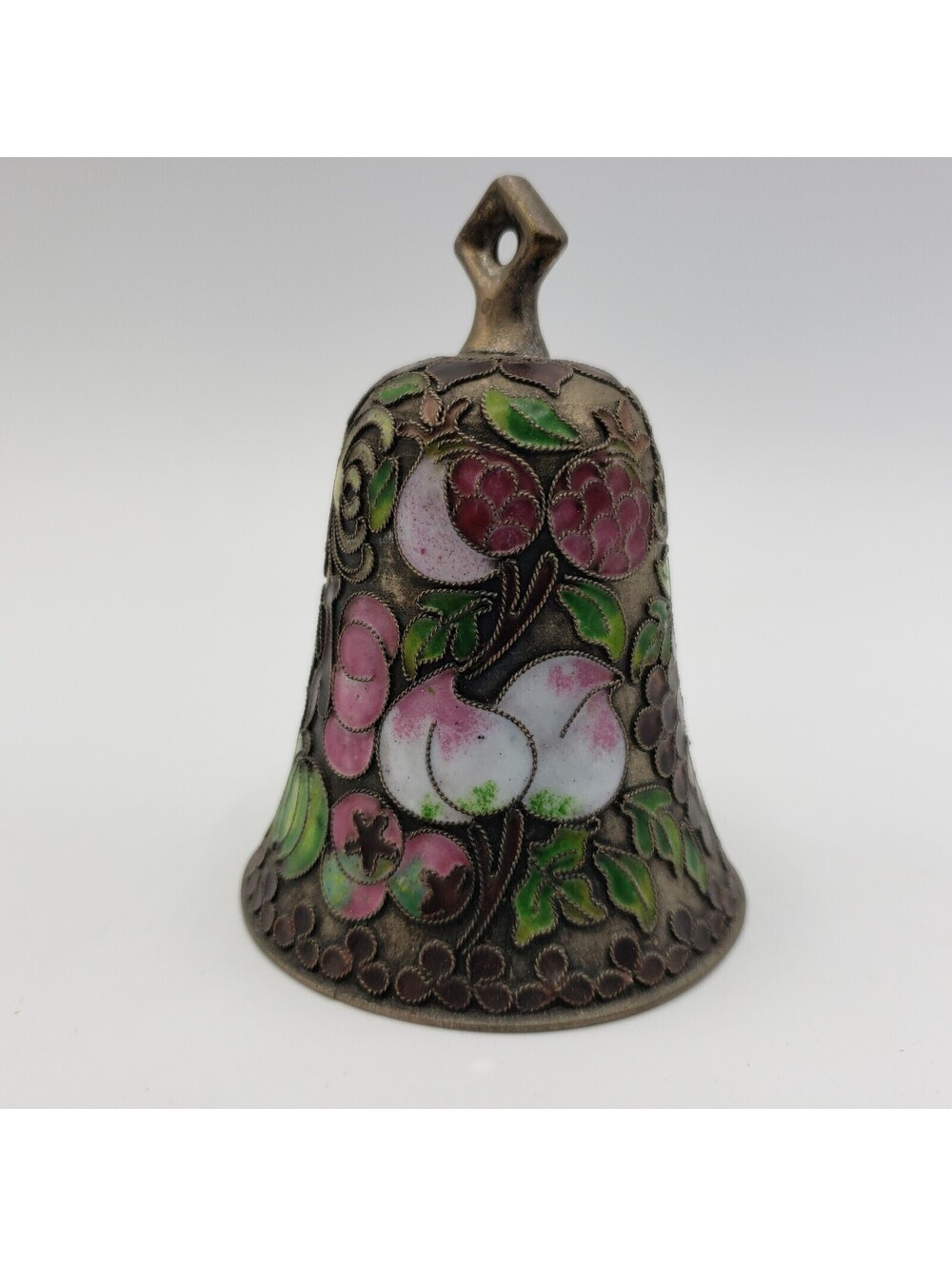 Cloisonne Bell Enamel Pink Green Floral Fruit Design 4" Grapes